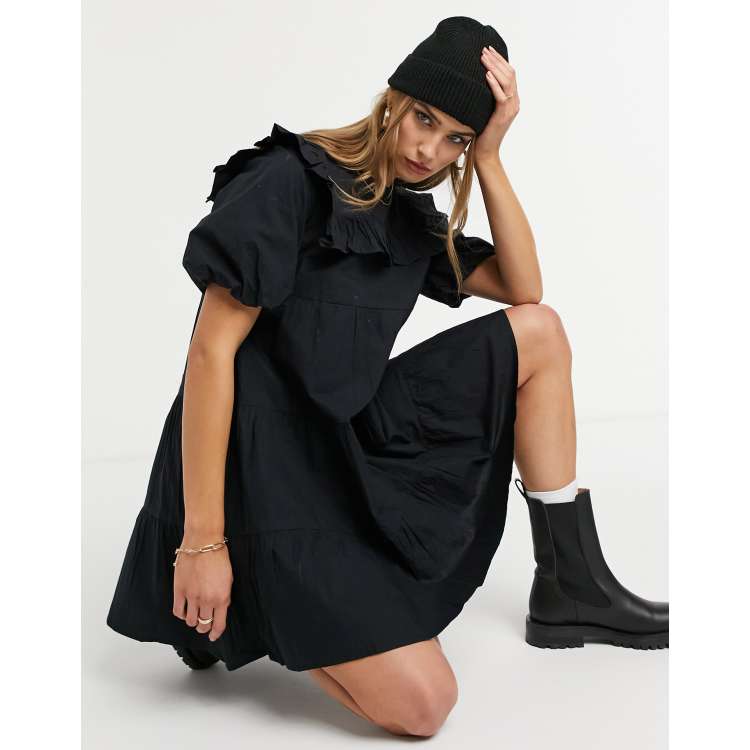 Warehouse ruffle bib mini dress in black ASOS