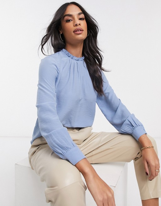 Warehouse ruffle neck blouse in blue