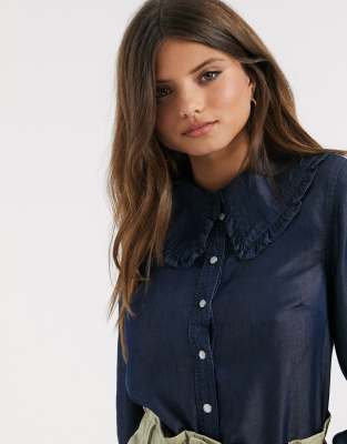 denim ruffle shirt