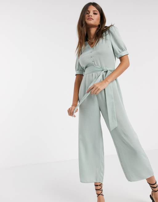 Warehouse satin puff sleeve jumpsuit in green | ASOS