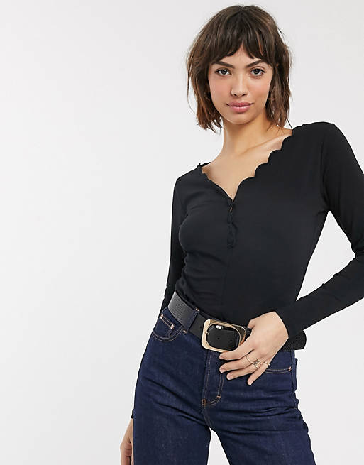 Warehouse scallop edge long sleeved top in black | ASOS