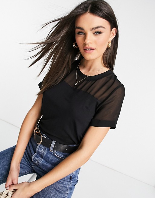 Warehouse sheer sleeve woven mix t-shirt in black
