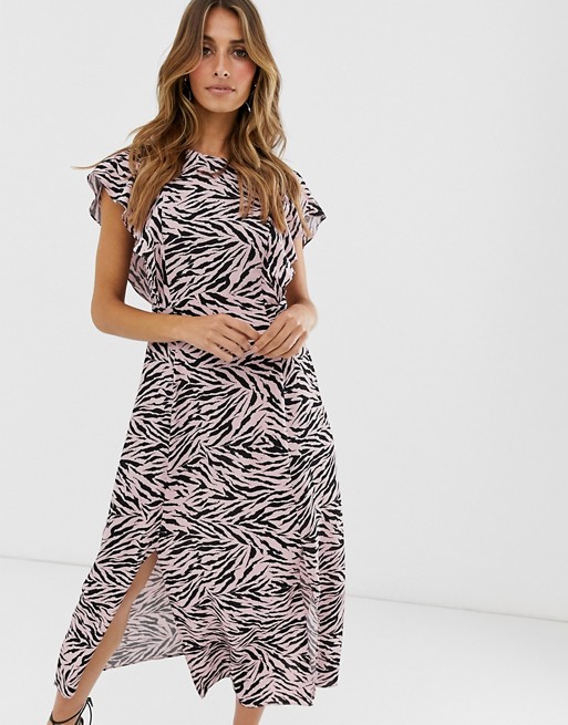 Warehouse shift dress with frill sleeves in pink zebra print