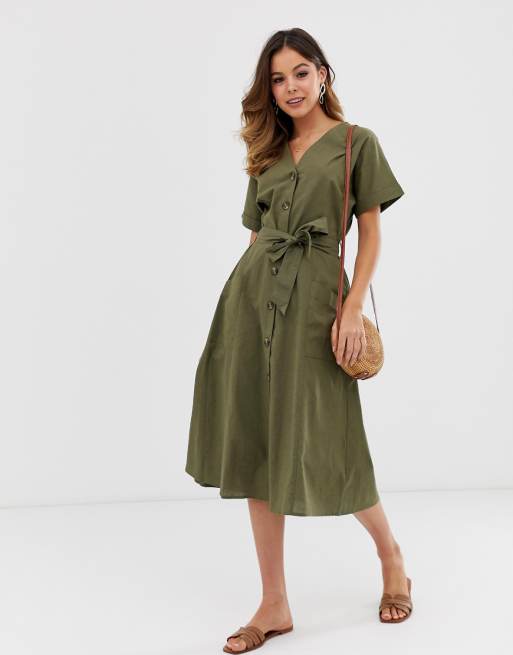 Warehouse shirt dress with belt in khaki