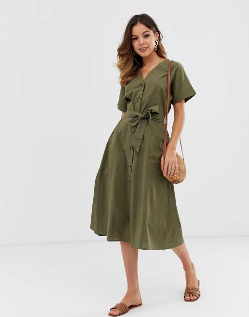  Warehouse shirt dress with belt in khaki  ASOS