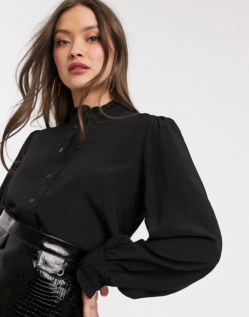 Warehouse shirt with ruffle neck in black