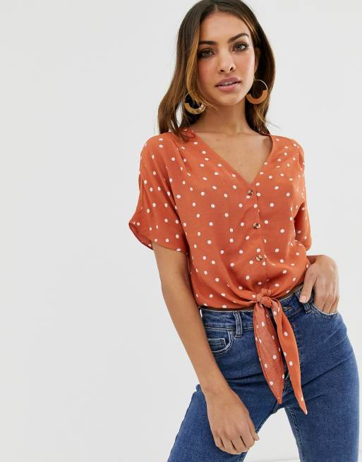 Warehouse shirt with tie front in polka dot | ASOS