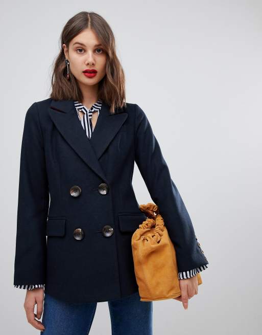 Warehouse short double breasted coat in navy ASOS