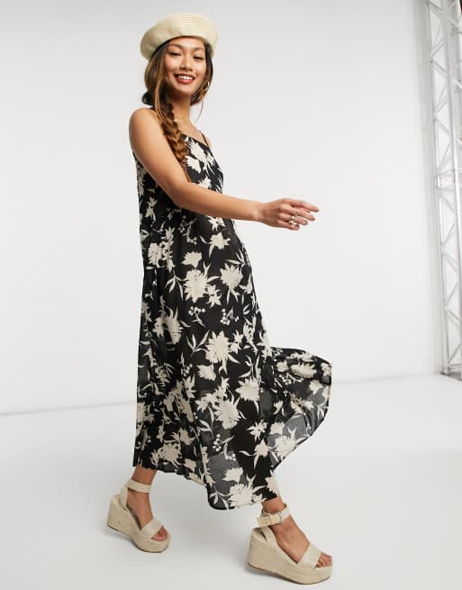 Warehouse - Silhouette - Vestito nero a fiori con spalline sottili