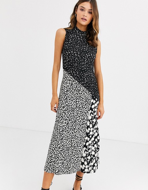 Warehouse sleeveless midi dress with high neck in mixed print