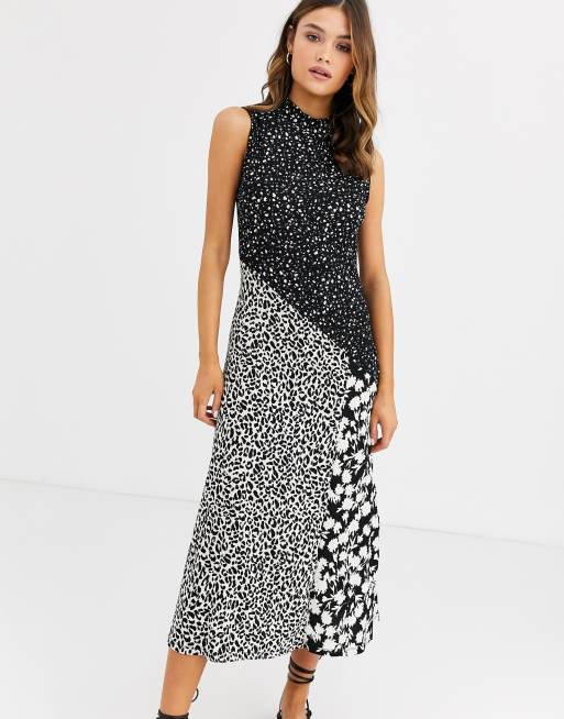 Warehouse sleeveless midi dress with high neck in mixed print