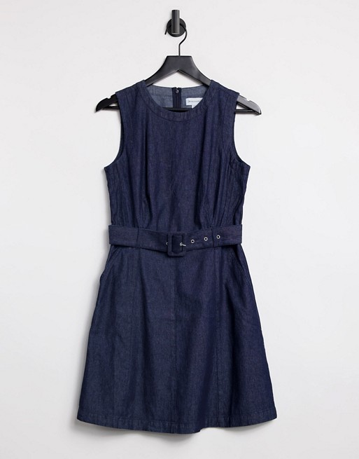 Warehouse sleevless belted swing dress in mid wash