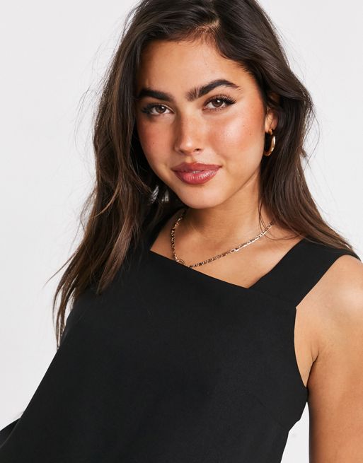 ASOS DESIGN sleeveless satin top with ruched neck in black