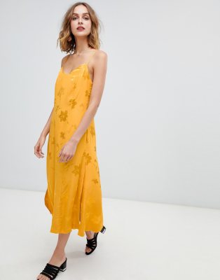 warehouse strappy midi dress in yellow jacquard