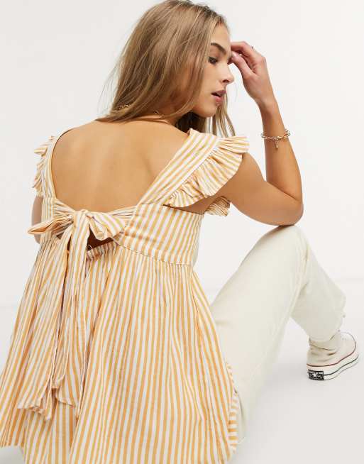 Warehouse stripe ruffle tie back top in yellow