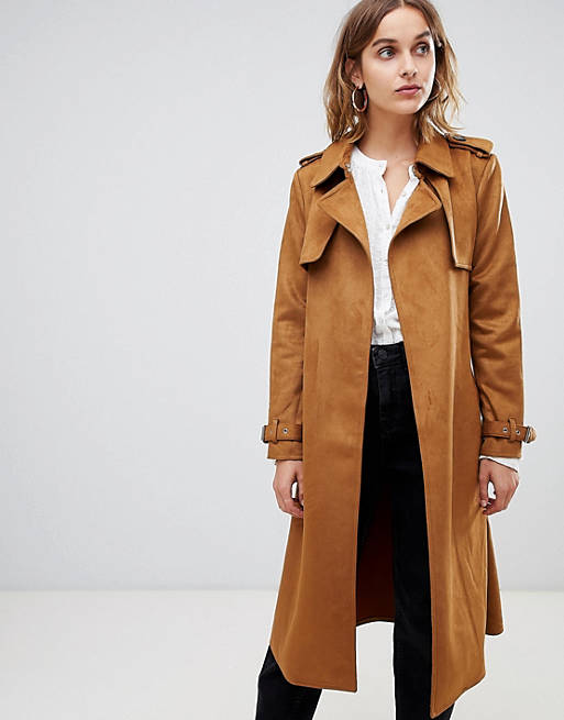 Warehouse suedette trench coat in tan