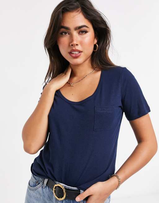 Warehouse – T-Shirt in Marineblau aus Leinenmischung mit U-Ausschnitt vorne