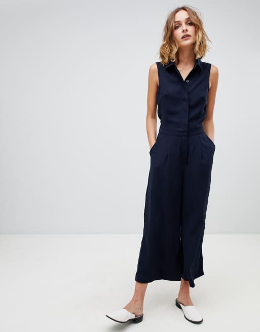 Warehouse tailored button front jumpsuit in navy