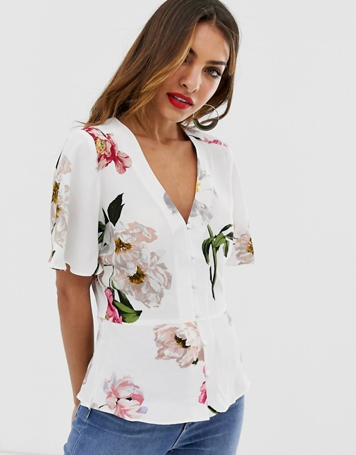 Warehouse tea blouse with button through in floral print