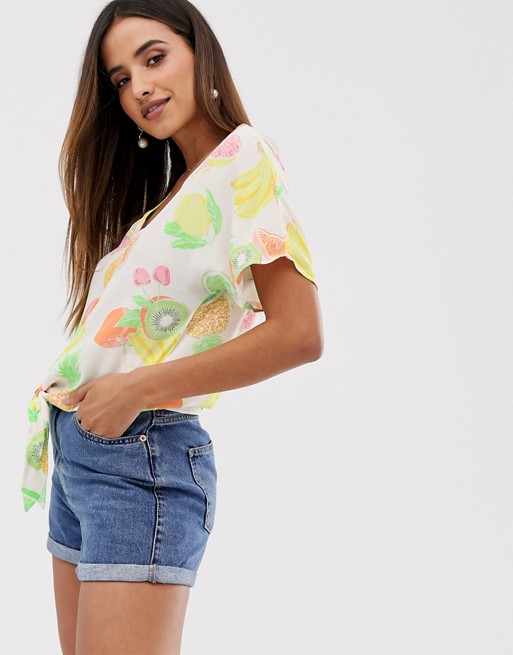 Warehouse tie front shirt in fruit print
