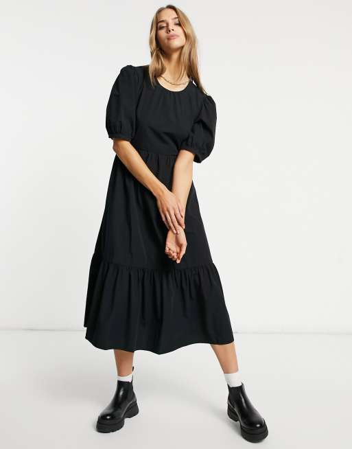 Warehouse tiered cotton midi dress in black | ASOS