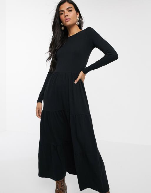 Warehouse tiered dress with scoop back in black | ASOS