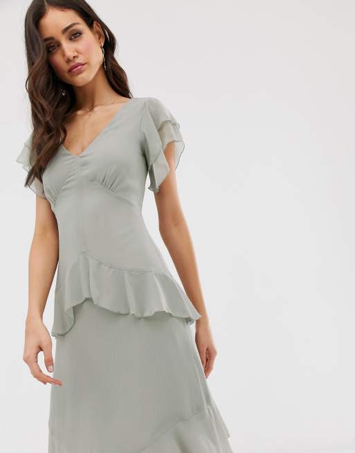 Warehouse tiered maxi dress with ruffles in gray