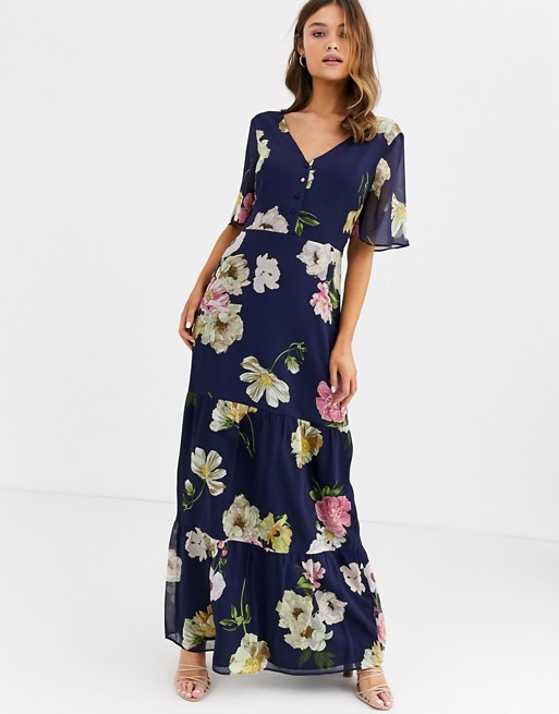 Warehouse tiered maxi dress with tie front in navy floral print