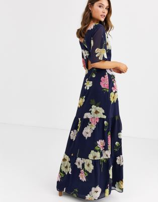 navy floral high neck print jumpsuit with tie front