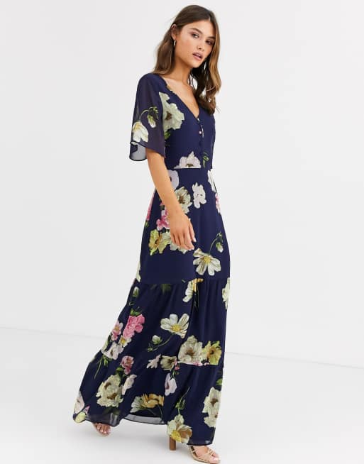 Warehouse tiered maxi dress with tie front in navy floral print