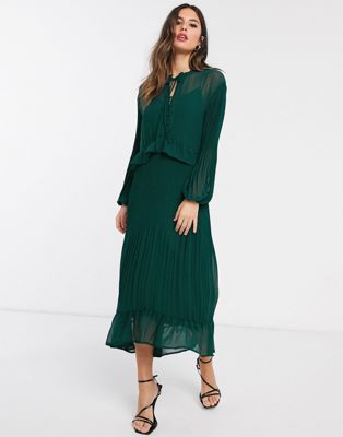 warehouse green pleated midi dress