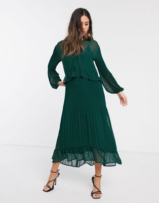 warehouse green pleated midi dress