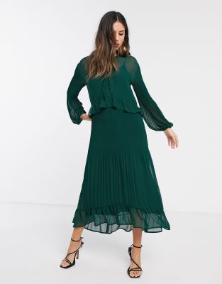 warehouse pleated midi dress green