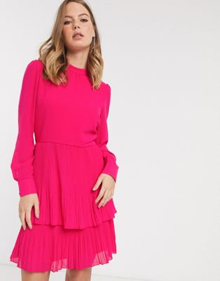 Warehouse tiered pleated dress in bright pink | ASOS