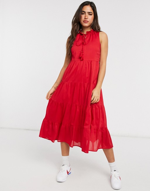 Warehouse tiered ruffle neck midi dress in red