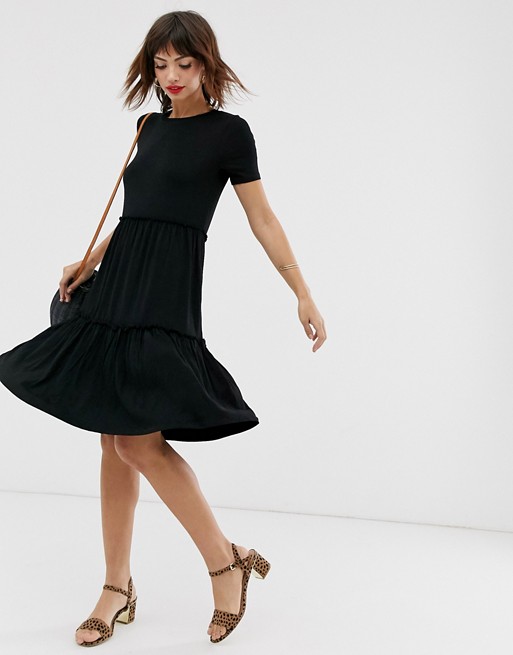 Warehouse tiered smock dress in black