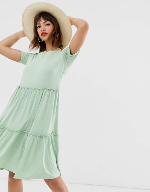 Warehouse tiered smock dress in sage green | ASOS