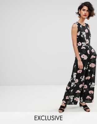 Warehouse Tiger Lily Sleeveless Wide Leg Jumpsuit-Black