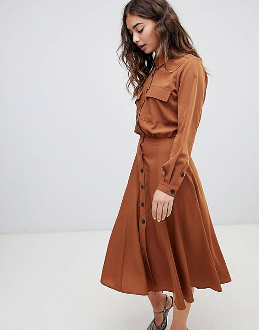 Warehouse top pocket shirt dress in rust