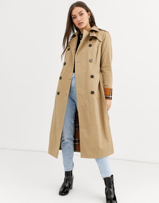 Warehouse trench coat with contrast check in camel | ASOS