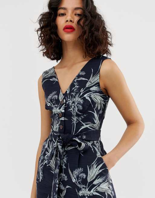 Warehouse - Tuta jumpsuit con stampa tropicale e bottoni sul davanti, 3 di 4