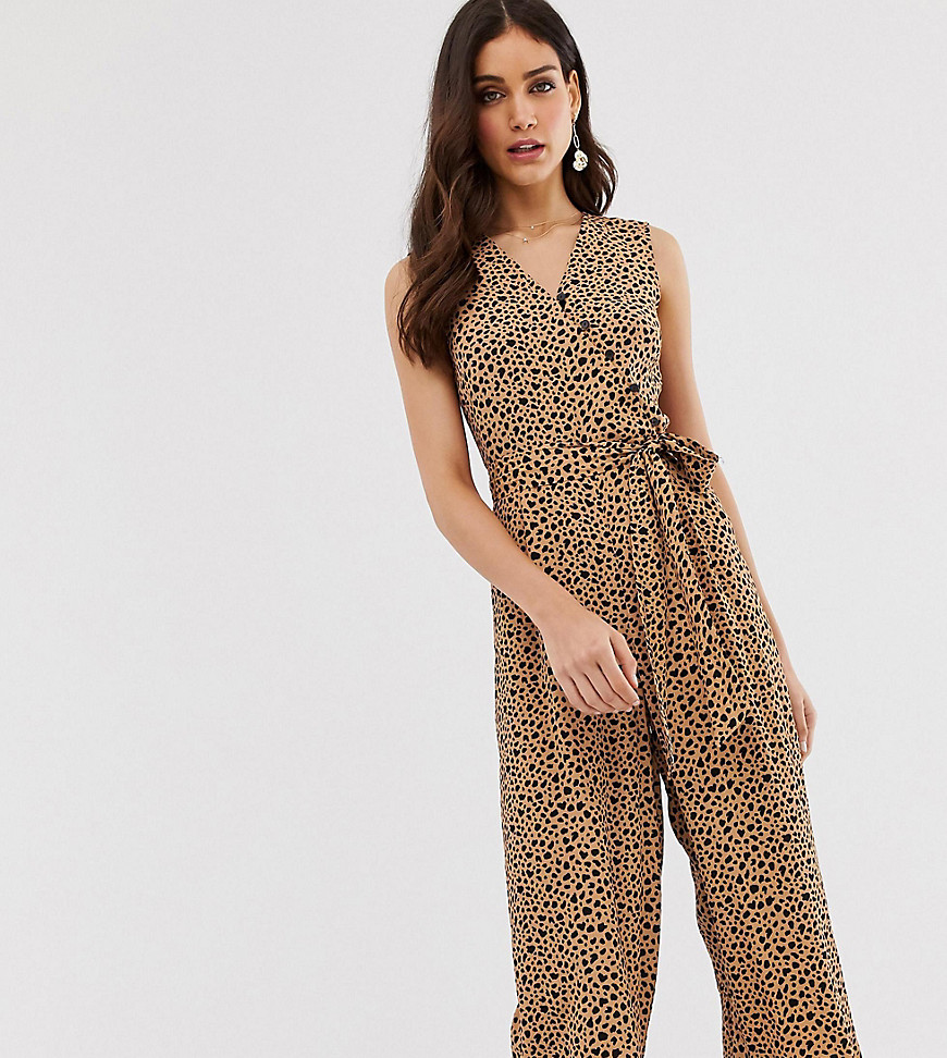 Warehouse - Tuta jumpsuit cropped con stampa leopardata e cintura-Cuoio