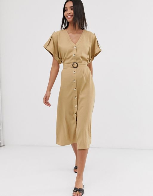 Warehouse utility linen shirt midi dress with resin belt in stone | ASOS