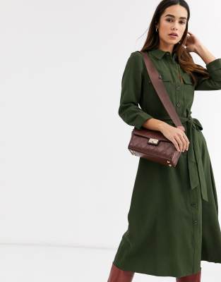 warehouse check midi shirt dress