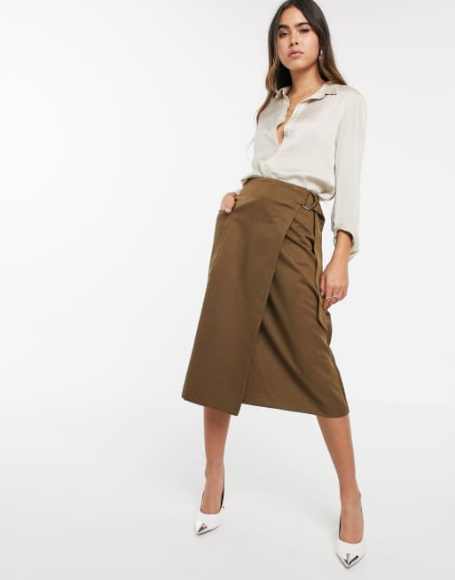 Warehouse utility wrap skirt in khaki | ASOS