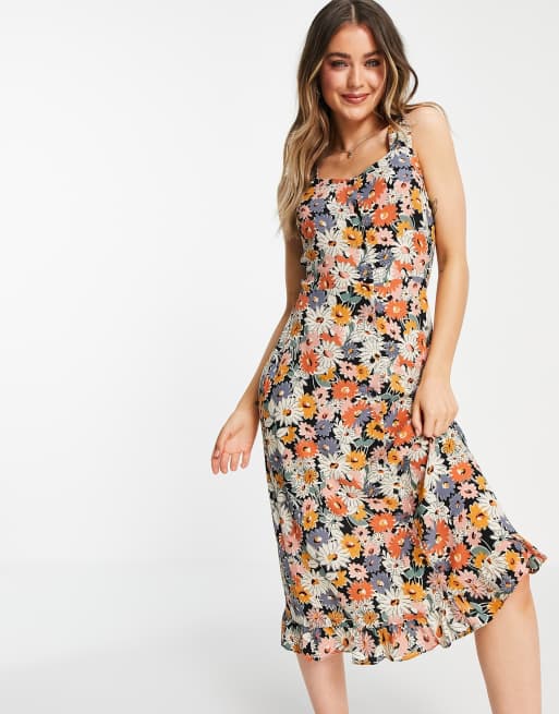 Warehouse - Vestito midi a fiori multicolore con volant sulle maniche