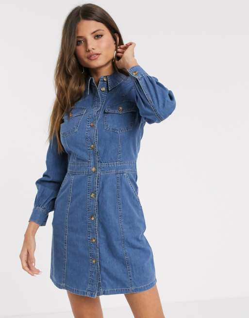 Warehouse western waisted denim dress in dark wash blue