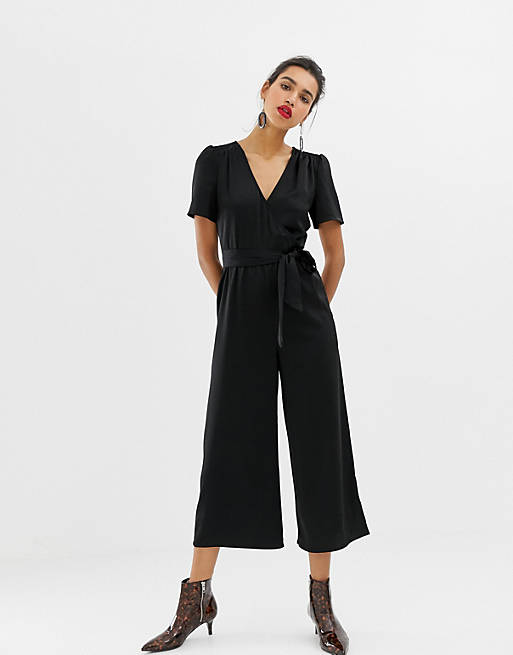 Warehouse wide leg jumpsuit with tie front in black | ASOS