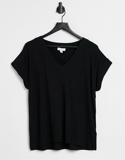 Warehouse woven mix v neck t-shirt in black