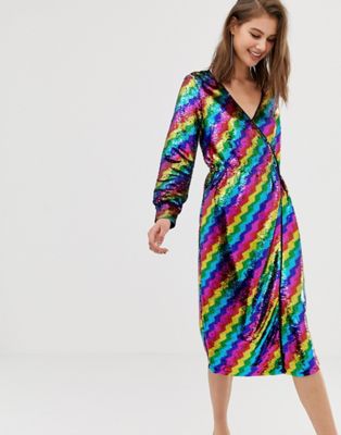 rainbow sequin blouson sleeve wrap dress